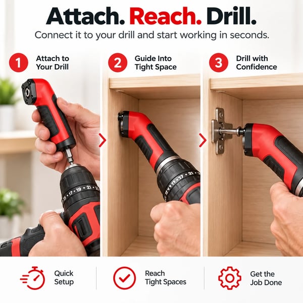 🔧 90° Right Angle Drill Adapter – Reach Tight Spaces Your Drill Can’t